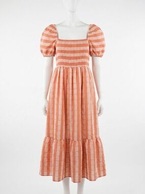 Anthropologie | REVOLVE | dRA Peach Striped Puff Sleeve Organza Midi Dress